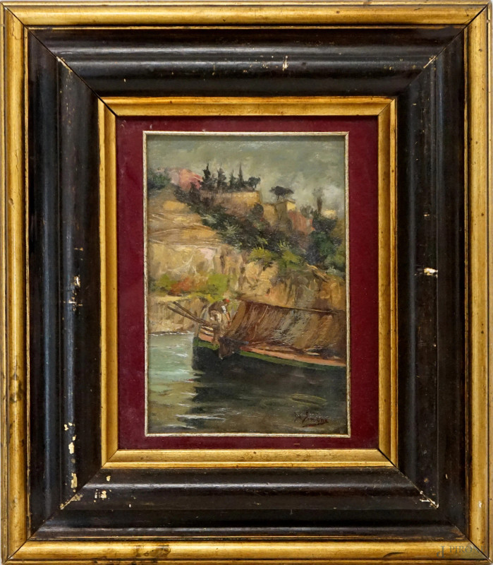 Paesaggio con pescatore, olio su tela, cm 27x21,5, firmato, entro cornice.  - Asta ASTA A TEMPO - Aste Pirone