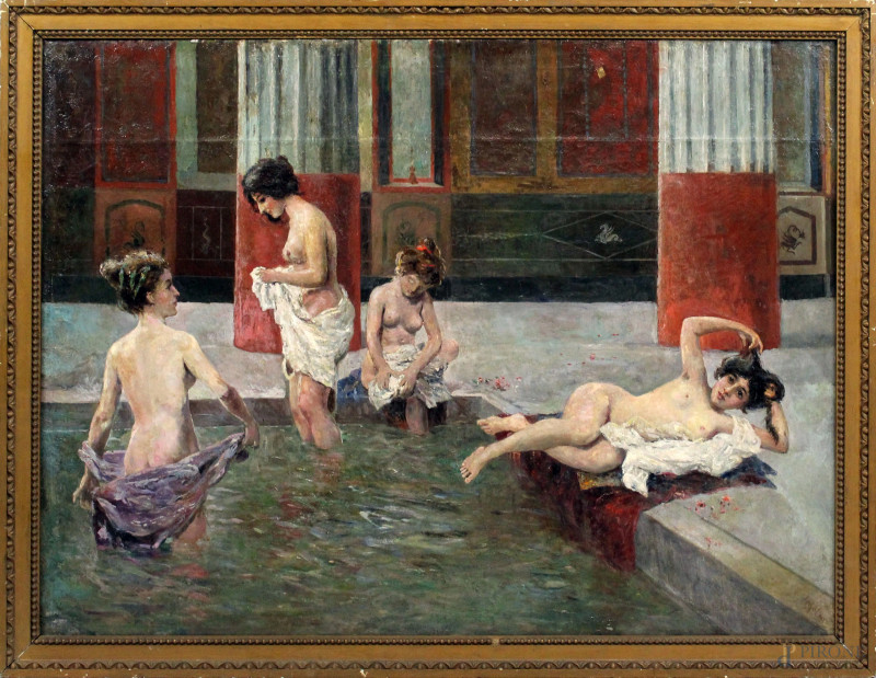 Bagno turco, olio su tela, cm 75x101, firmato Filippo Mola, entro cornice.  - Asta ANTIQUARIATO E ARTE MODERNA - Aste Pirone