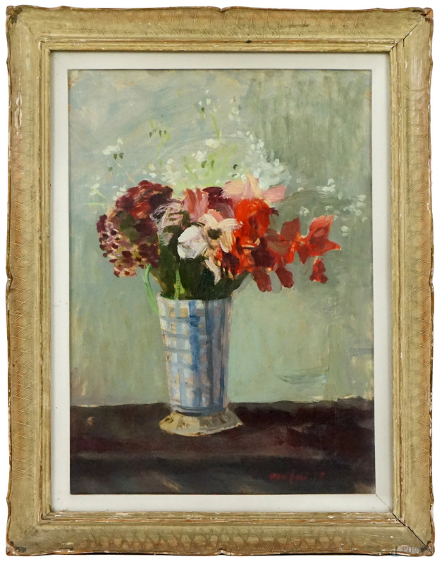 Mario Mafai : Vaso con fiori, olio su compensato, cm 61x43,5, entro cornice.  - Asta Importante Asta Tempo di Antiquariato e Arte moderna - Aste Pirone