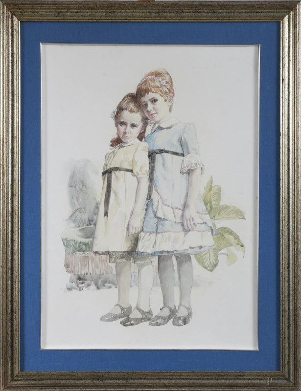 Le sorelle, XX secolo, tecnica mista su carta, cm 78x58 compreso passepartout, entro cornice  - Asta RAPIDA SOLIS - Aste Pirone