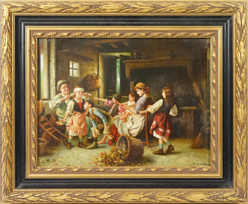 La moscacieca, olio su tavola, cm 30x39,5, firmato e datato, entro cornice  - Asta ASTA LIVE DI ANTIQUARIATO E ARTE MODERNA – DUE SESSIONI POMERIDIANE - Aste Pirone