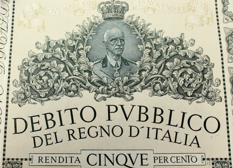 Debito Pubblico del Regno d'Italia, Rendita Cinque per Cento, n. 0925626, Anno 1938, cm 44x34, (difetti).  - Asta Asta a Tempo di Antiquariato e Arte Moderna - Aste Pirone