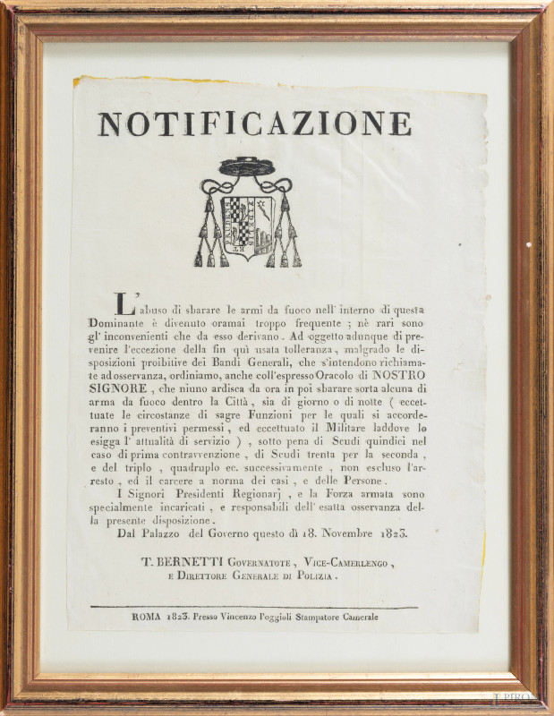 Notificazione, 18 novembre 1823, cm 34x25,5, entro cornice (segni di usura, lacerazioni ai margini, tracce di umidità)  - Asta RAPIDA SOLIS - Aste Pirone