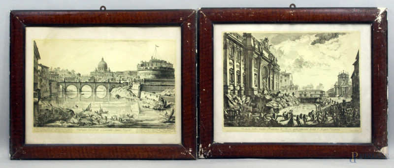 Due stampe da G.B.Piranesi raffiguranti "Veduta della vasta Fontana di Trevi anticamente detta l'Acqua Vergine" e "Veduta del Ponte e Castello Sant'Angelo",  cm 49x65, entro cornici, (difetti).  - Asta SECONDA TORNATA D' ASTA A TEMPO DI FINE STAGIONE - Aste Pirone