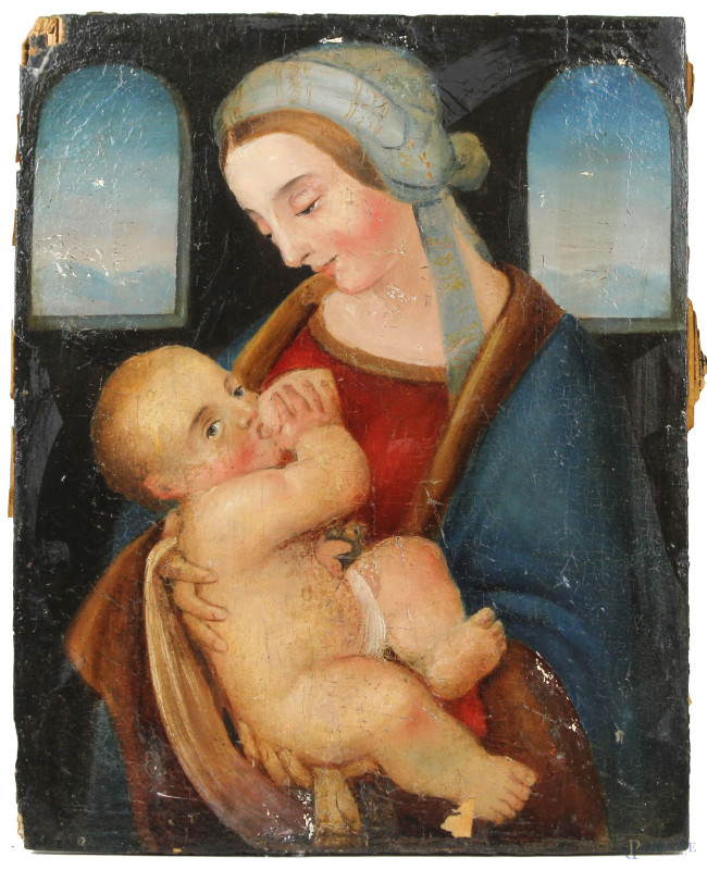 Scuola italiana del XIX secolo, Madonna del latte, olio su tavola, cm 31x24,5  - Asta Asta a Tempo di Antiquariato e Arte Moderna - Aste Pirone