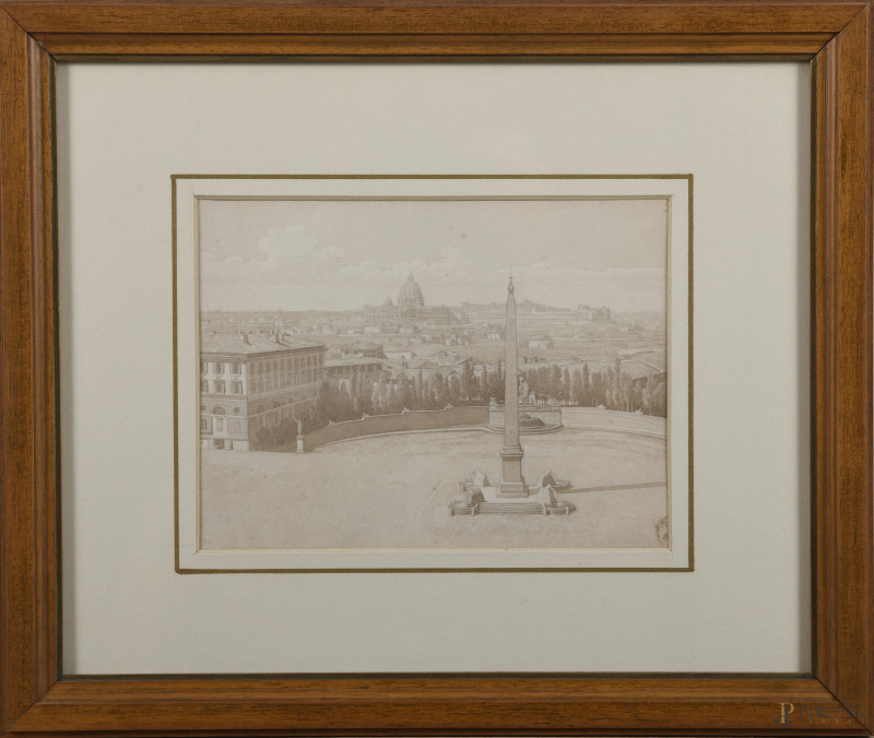 Piazza del Quirinale, XX secolo, tecnica mista su carta, cm 18x24, entro cornice, (lievi segni di usura, tracce di umidità)  - Asta ASTA A TEMPO | VARIÆ	 - Aste Pirone