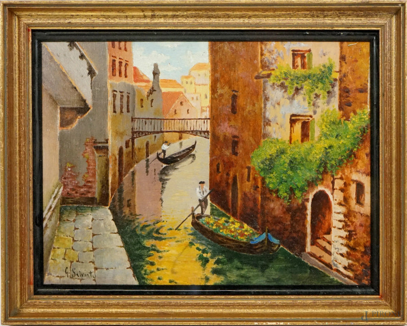 Canale con gondolieri, olio su tavola, cm 24x31, firmato, entro cornice.  - Asta ASTA A TEMPO - Aste Pirone