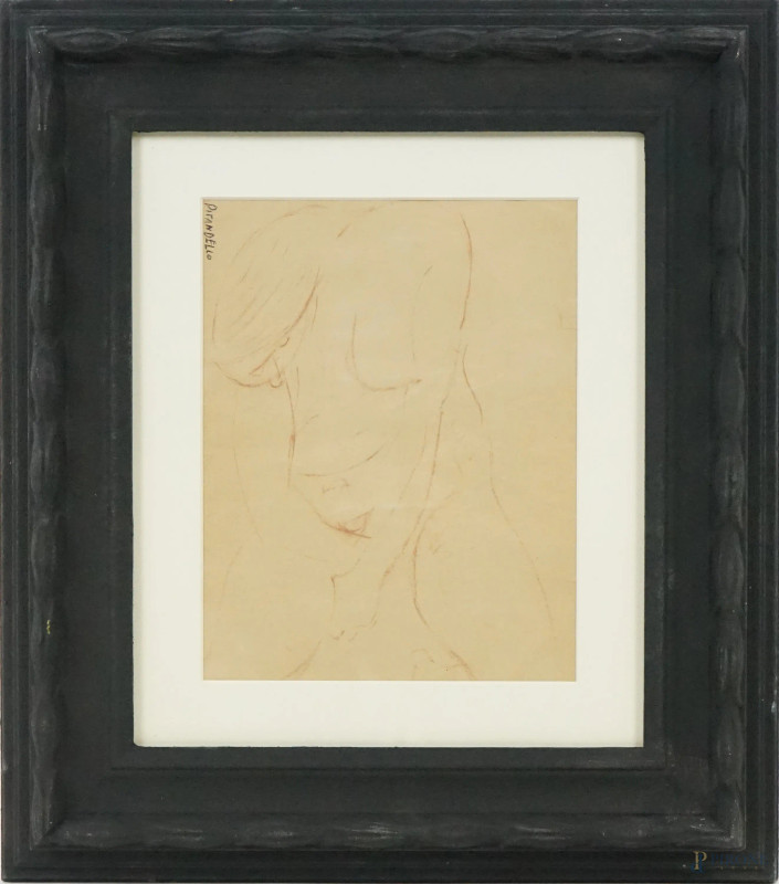 Nudo di donna, matita rossa su carta, cm 27x21, firmato, entro cornice, (difetto sulla carta).  - Asta ASTA DI ARTE MODERNA, CONTEMPORANEA E VINTAGE - Aste Pirone