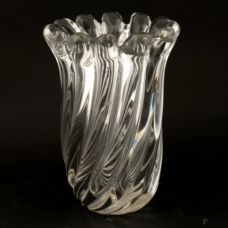 Vaso in vetro a grandi baccellature, XX secolo, altezza cm 30, firmato a graffio "Archimede Seguso Murano"  - Asta ASTA A TEMPO | PICTA MANENT - Aste Pirone