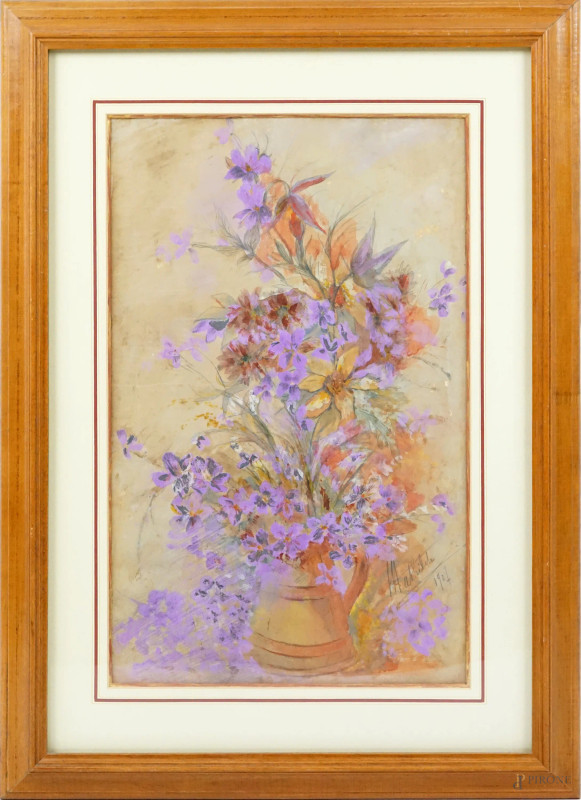 Vaso con fiori, pastello su carta, cm 57x37, firmato e datato "Mathilde 1907"  - Asta ASTA A TEMPO - Aste Pirone