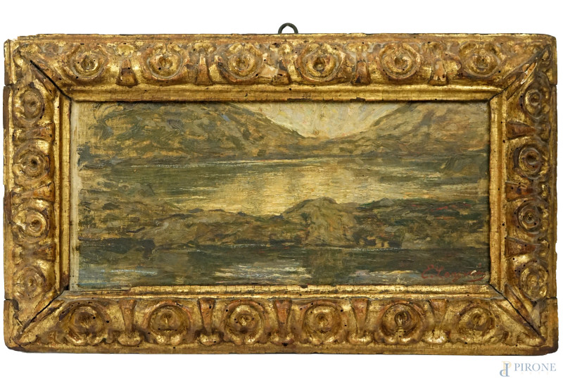 Emilio Longoni : Scorcio lacustre montano, olio su tela riportata su cartone, cm 18,5x42, entro cornice.  - Asta ASTA A TEMPO DI ANTIQUARIATO E ARTE MODERNA - Aste Pirone