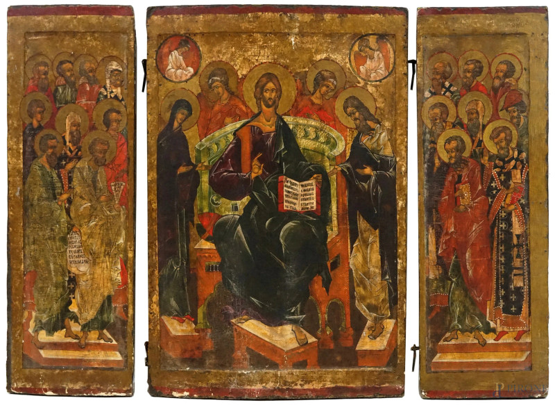 Trittico raffigurante Cristo in trono tra angeli e santi, tempera su tavola, misure pannello centrale cm 56x39, misure pannelli laterali cm 56x19, XIX secolo, (difetti).  - Asta ASTA A TEMPO DI ANTIQUARIATO E ARTE MODERNA - Aste Pirone