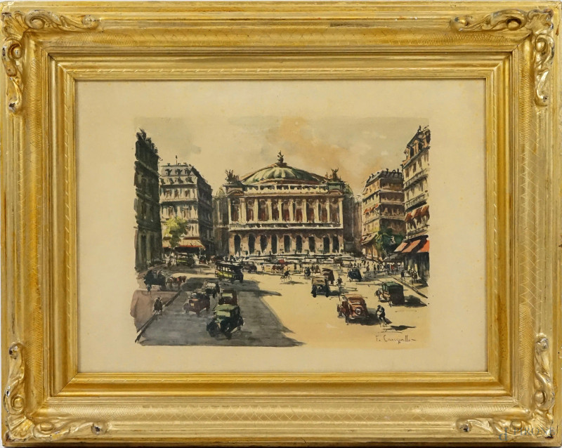 Place de l'Opéra, acquarello su carta, cm 37x50, firmato, entro cornice.  - Asta ASTA A TEMPO - Aste Pirone