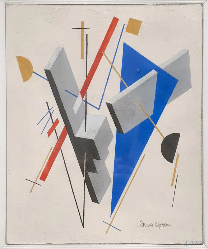 Composizione suprematista russa, tecnica mista su cartone, cm 30x25, firmato Yakov Orlov (XX sec.) in caratteri cirillici  - Asta ANTIQUARIATO E ARTE MODERNA - Aste Pirone