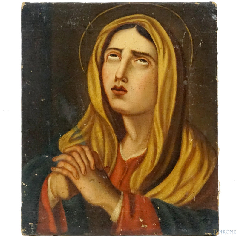 Vergine orante,  olio su tela, cm 27x22, inizi XX secolo, (difetti, cadute di colore).  - Asta ASTA A TEMPO DI ANTIQUARIATO E ARTE MODERNA - Aste Pirone