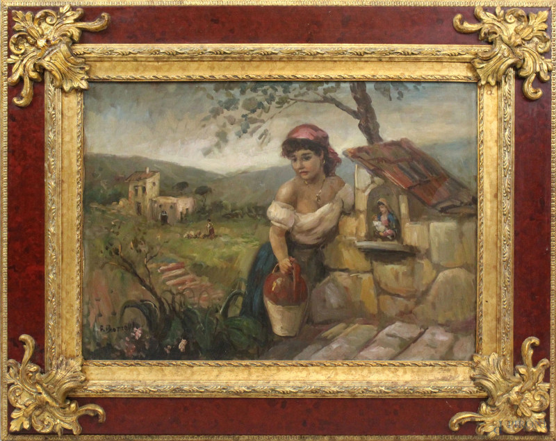 Paesaggio con acquaiola, olio su tela, cm 50x70,frimato, entro cornice.  - Asta ANTIQUARIATO E ARTE MODERNA - Aste Pirone