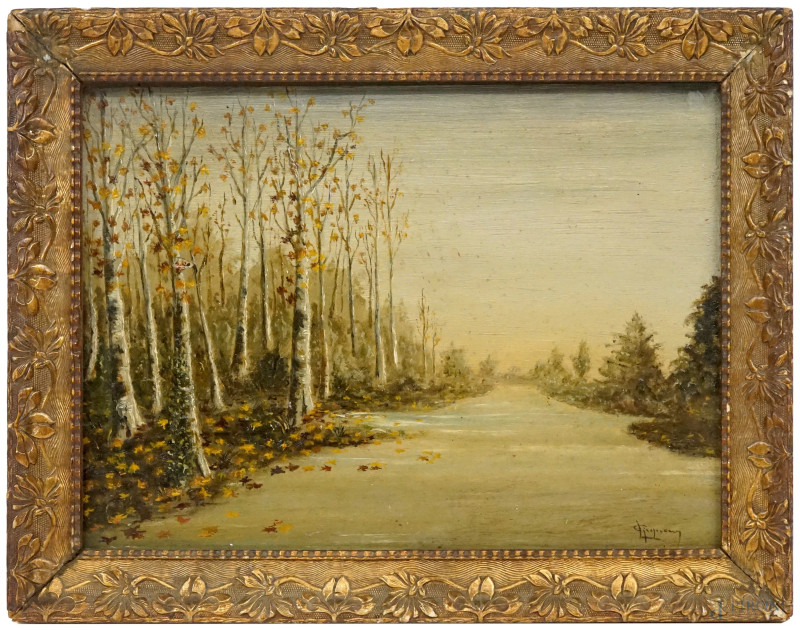 Autunno, olio su tavola, cm 24x33, firmato, entro cornice.  - Asta ASTA A TEMPO DI ANTIQUARIATO E ARTE MODERNA - Aste Pirone