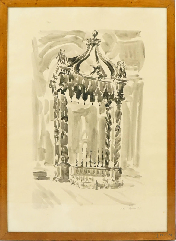 Mario Profumo (XX sec.), Il baldacchino di San Pietro, multiplo su carta, cm 67,5x47,5, entro cornice  - Asta ASTA DI ARTE MODERNA, CONTEMPORANEA E VINTAGE - Aste Pirone