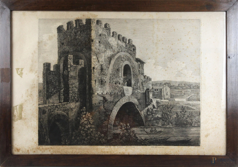 Luigi Rossini : Veduta del Ponte Nomentano, acquaforte, cm 49x74, entro cornice  - Asta SECONDA TORNATA D' ASTA A TEMPO DI FINE STAGIONE - Aste Pirone