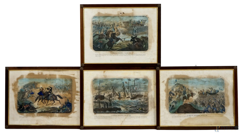 Le Guerre di Indipendenza Italiane 1866, quattro stampe a colori, cm 43x57,5, entro cornici, (difetti sulla carta)  - Asta ASTA DI ANTIQUARIATO E ARTE MODERNA - Aste Pirone