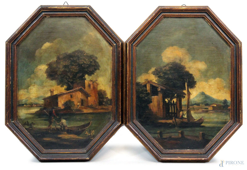 Coppia di paesaggi, olio su tavola, cm 45,5x32,5, ad assetto ovale, inizi XX secolo, entro cornici.  - Asta ANTIQUARIATO E ARTE MODERNA - Aste Pirone