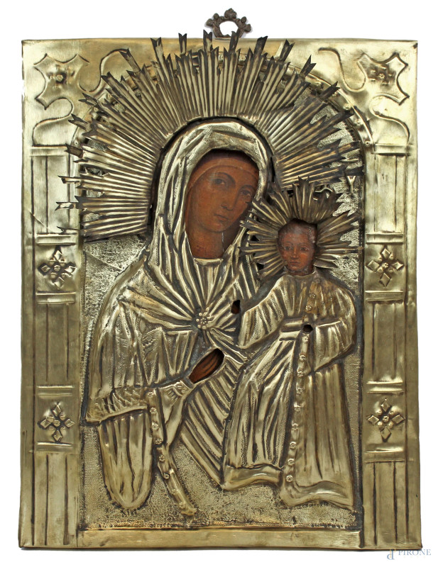 Madonna con Bambino, tempera su tavola, cm 38,5x29,5, con riza in metallo sbalzato, XIX secolo.  - Asta ASTA DI ARTE MODERNA E ANTIQUARIATO - Aste Pirone