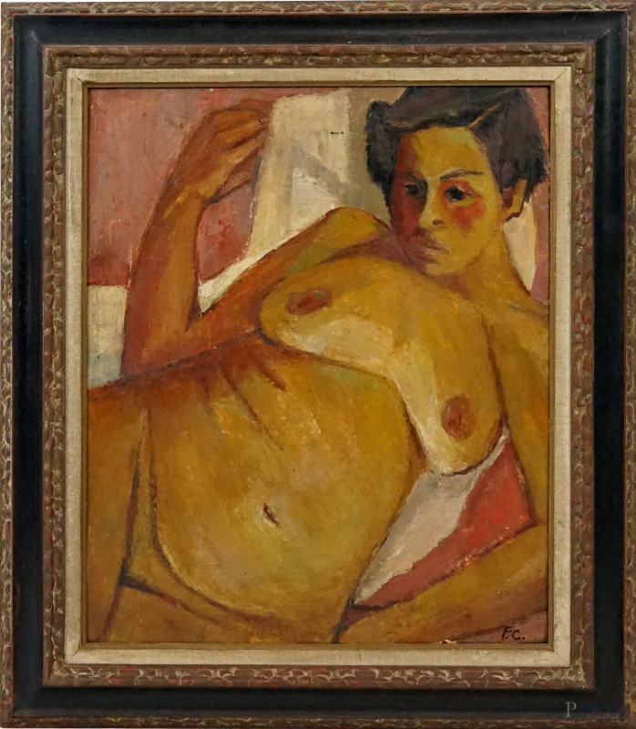 Nudo di donna, olio su masonite, cm 64,5x53,5, siglato F.C., entro cornice  - Asta ASTA A TEMPO DI ANTIQUARIATO E ARTE MODERNA - Aste Pirone