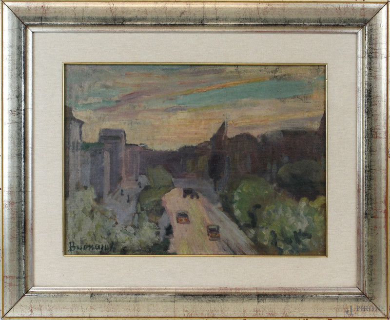 Paesaggio urbano, olio su tela, cm 36x50, firmato, entro cornice.  - Asta ANTIQUARIATO E ARTE MODERNA - Aste Pirone