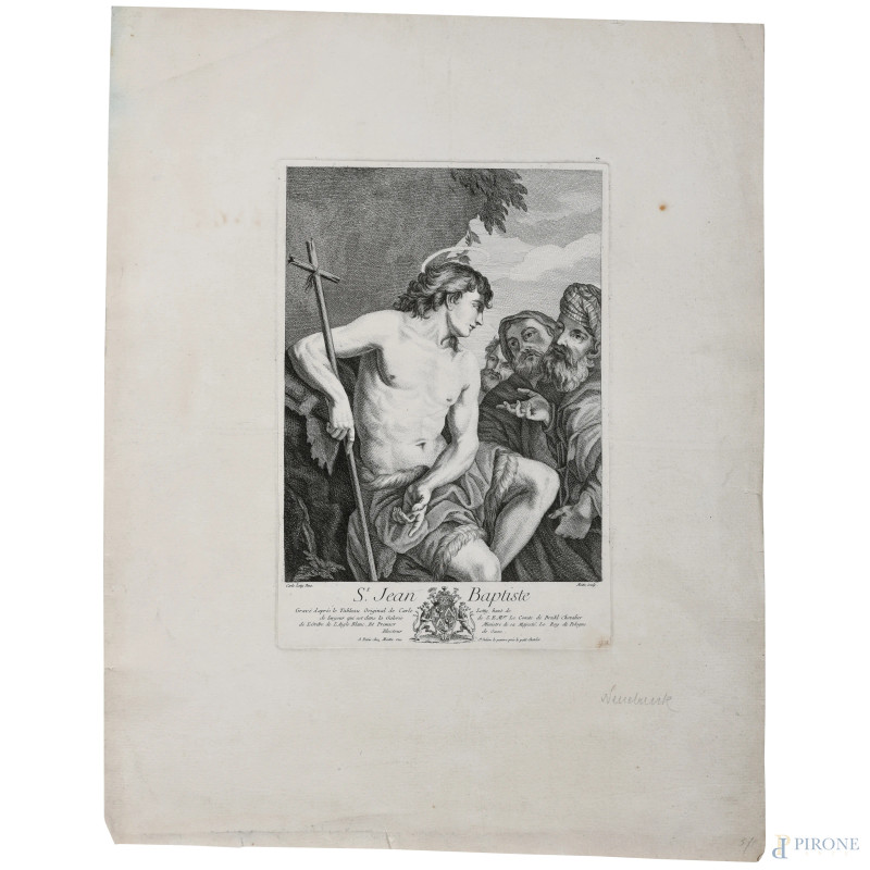 San Giovanni Battista, XVIII-XIX secolo, incisione su carta, cm 58x45, (segni di usura, tracce di umidità, gore, foxing, lacerazioni della carta, tracce di piegatura)  - Asta RAPIDA SOLIS - Aste Pirone