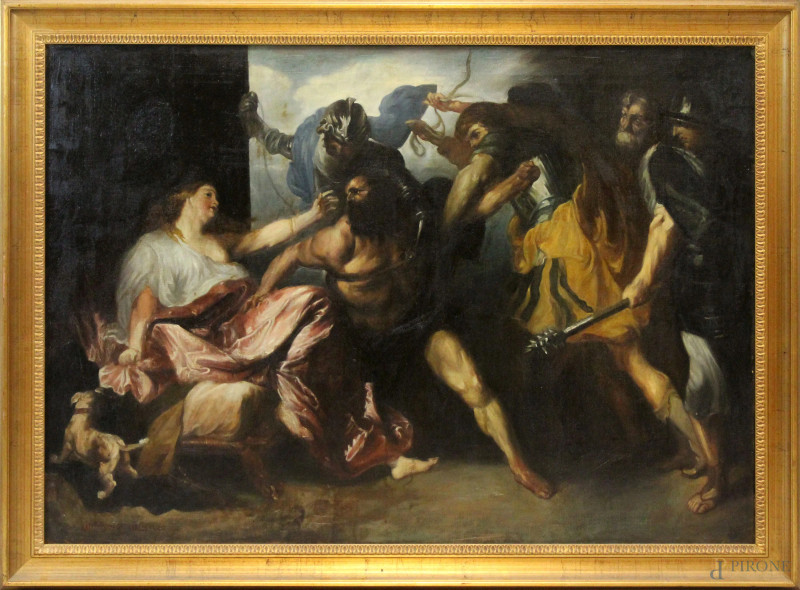 Copia da Van Dyck (Anversa, 1599 - Londra, 1641), Sansone e Dalila, olio su tela, cm 76x110, XIX-XX secolo, (difetti).  - Asta ASTA A TEMPO - DUE SESSIONI - Aste Pirone