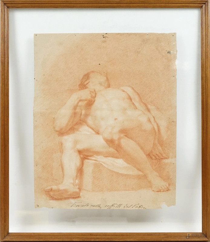 Studio di nudo maschile, sanguigna su carta filigranata con giglio, XVII secolo, cm 47x38, in cornice  - Asta ASTA A TEMPO DI ANTIQUARIATO E ARTE MODERNA - Aste Pirone