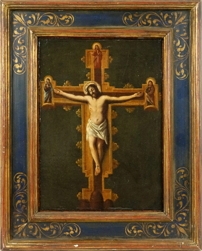 Pittore del XVII secolo, Cristo Crocifisso con Santi, olio su tela, cm 31,5x22,5, entro cornice  - Asta ASTA DI ANTIQUARIATO - Aste Pirone