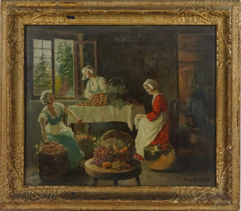 Interno con popolane, olio su tela, cm 60x73, firmato, entro cornice.  - Asta ASTA A TEMPO DI ANTIQUARIATO E ARTE MODERNA - Aste Pirone