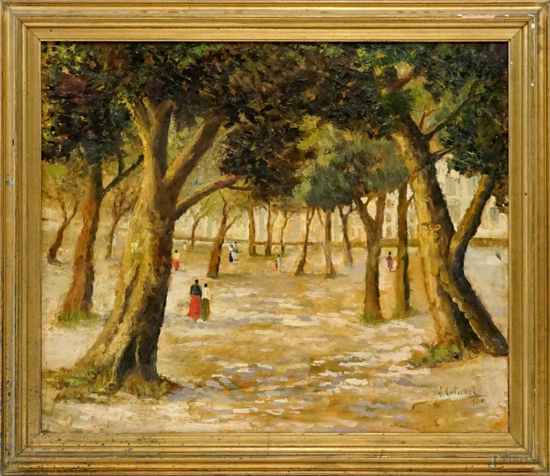 Parco con figure, olio su compensato, cm 50x60, firmato, entro cornice.  - Asta ASTA A TEMPO DI ANTIQUARIATO E ARTE MODERNA - Aste Pirone