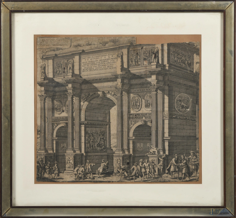 Arco di Costantino, XIX secolo, incisione su carta, cm 42x47, entro cornice, (segni di usura, rifilature, segni di piegature, abrasioni)  - Asta  ASTA A TEMPO | VARIÆ - Aste Pirone