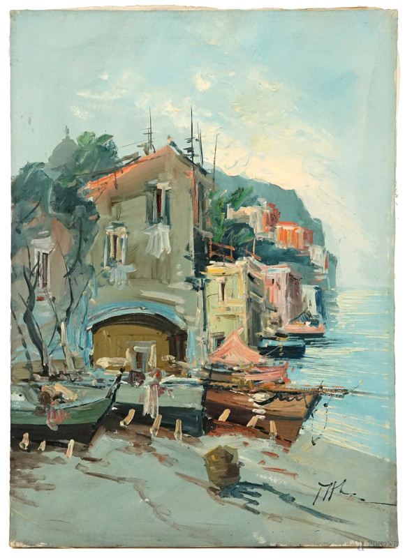 Scorcio di costa, olio su tela, cm 70x50, firmato, (lievi difetti).  - Asta ASTA A TEMPO di Arte Moderna e Antiquariato - Aste Pirone