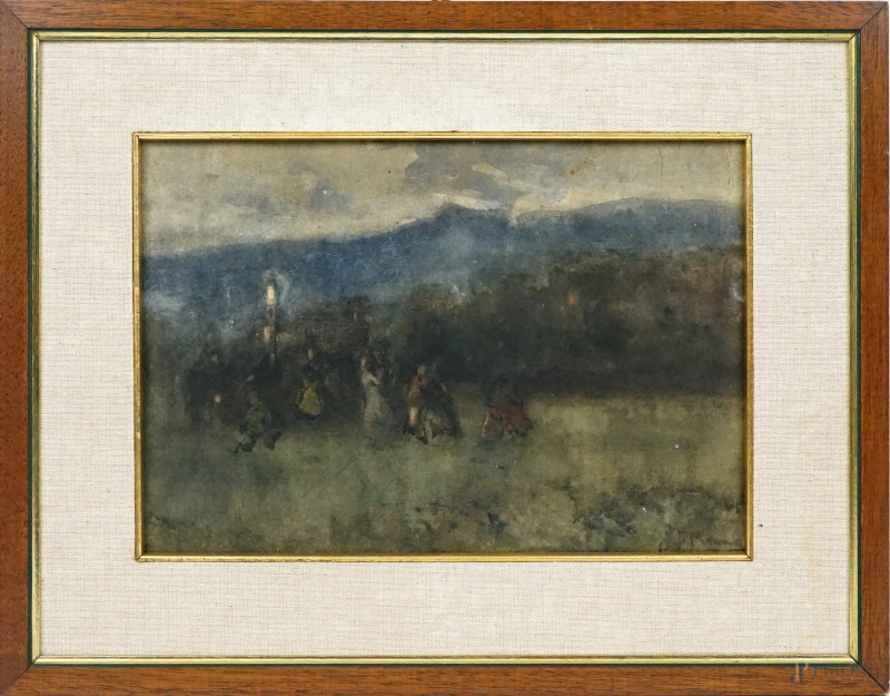 Paesaggio con figure, acquarello su carta, cm 21x31, firmato in basso a destra, entro cornice.  - Asta ASTA A TEMPO DI ANTIQUARIATO E ARTE MODERNA - Aste Pirone