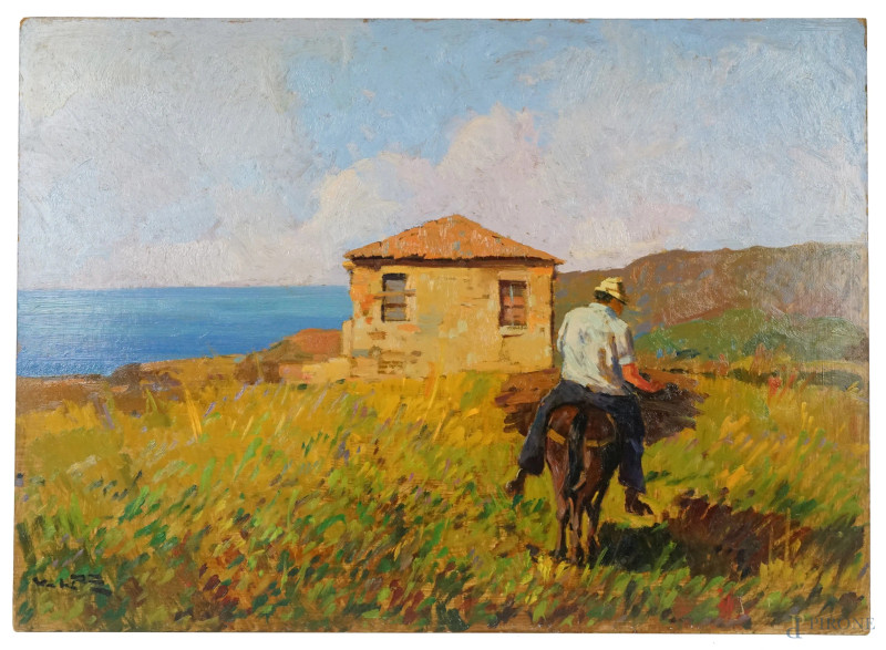 Angiolo Volpe : Ritorno a casa, olio su cartone, cm 50x70.  - Asta II TORNATA DI ASTA DI ARTE MODERNA E ANTIQUARIATO - Aste Pirone