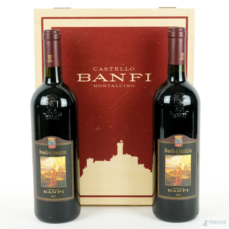 Castello Banfi, Brunello di Montalcino 2002, due bottiglie.  - Asta I TORNATA DI ASTA A TEMPO DI ARTE MODERNA E ANTIQUARIATO - Aste Pirone