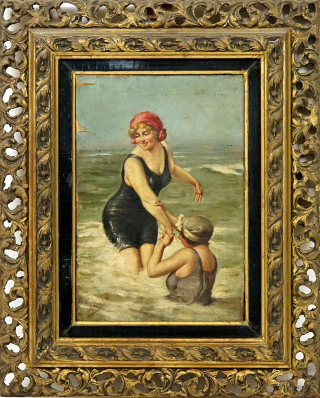 Bagnanti, olio su tela, cm 30x20, firmato, entro cornice, (difetti).  - Asta ASTA A TEMPO DI ANTIQUARIATO E ARTE MODERNA - Aste Pirone