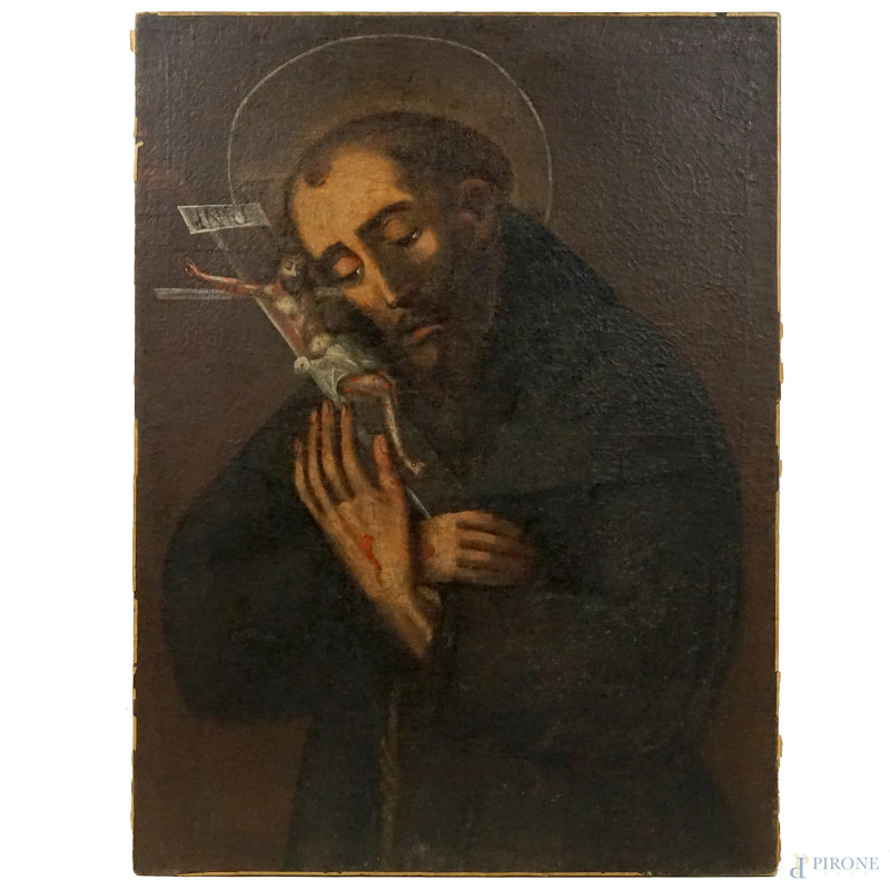 Scuola del XVIII secolo, San Francesco in adorazione del crocifisso, olio su tela, cm 75,5x56,2  - Asta ASTA A TEMPO di Arte Moderna e Antiquariato - Aste Pirone