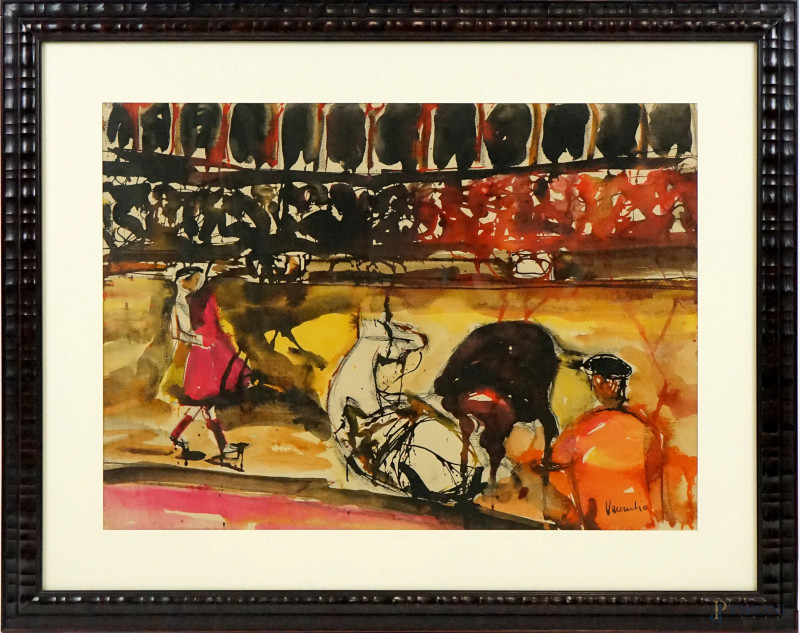 Corrida, acquarello su carta, cm 48x68, firmato, entro cornice  - Asta ASTA DI ARTE MODERNA, CONTEMPORANEA E VINTAGE - Aste Pirone