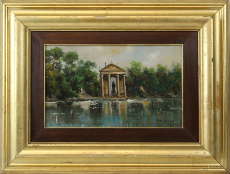 Scorcio sul Tempio di Esculapio a Villa Borghese, olio su masonite, cm 24x40, firmato Dante Ricci, entro cornice.  - Asta ANTIQUARIATO E ARTE MODERNA - Aste Pirone