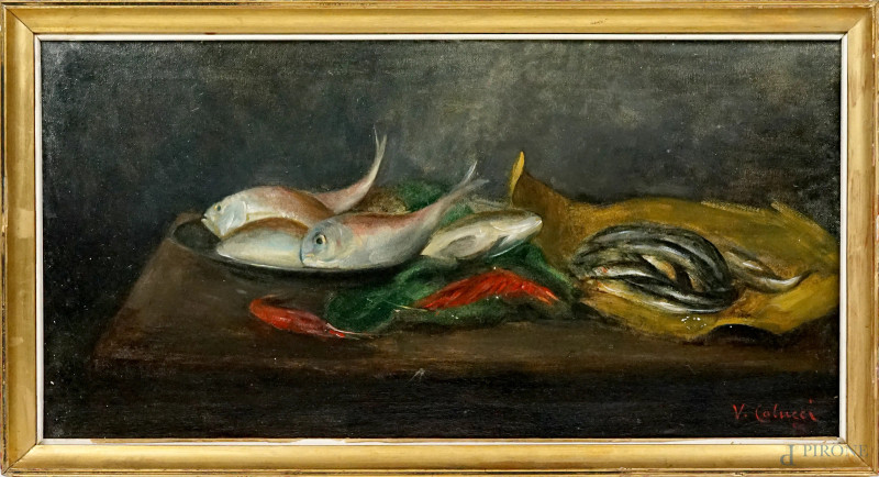 Natura morta  con pesci - Aringhe, gamberi ed alici, olio su tela, cm 30x60, firmato, entro cornice.  - Asta ASTA A TEMPO DI ANTIQUARIATO E ARTE MODERNA - Aste Pirone