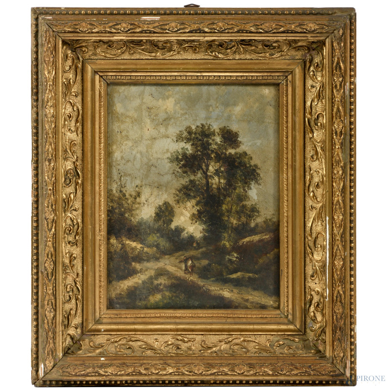 Paesaggio campestre con figure, XIX-XX secolo, olio su tavoletta, cm 20x15, entro cornice  - Asta  ASTA A TEMPO | VARIÆ - Aste Pirone