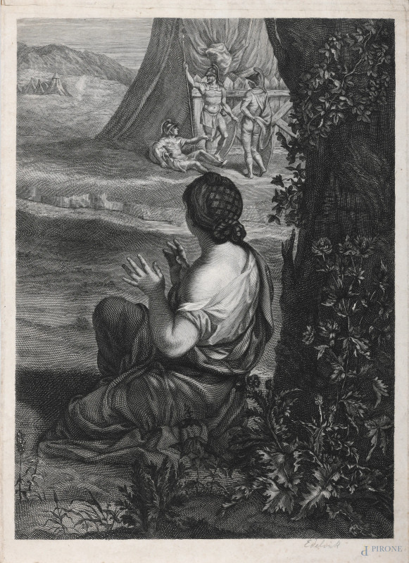 Giuditta, XVIII secolo, incisione su carta, cm 32x23,5, (segni di usura, tracce di umidità, gore, foxing, lacerazioni della carta, tracce di piegatura)  - Asta RAPIDA SOLIS - Aste Pirone