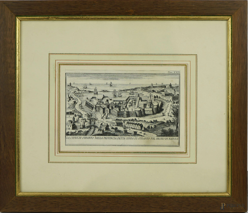 La Città di Otranto nella provincia detta Terra di Otranto del Regno di Napoli, incisione, XVIII secolo, cm 10,5x16, entro cornice  - Asta ASTA DI ANTIQUARIATO E ARTE MODERNA - Aste Pirone