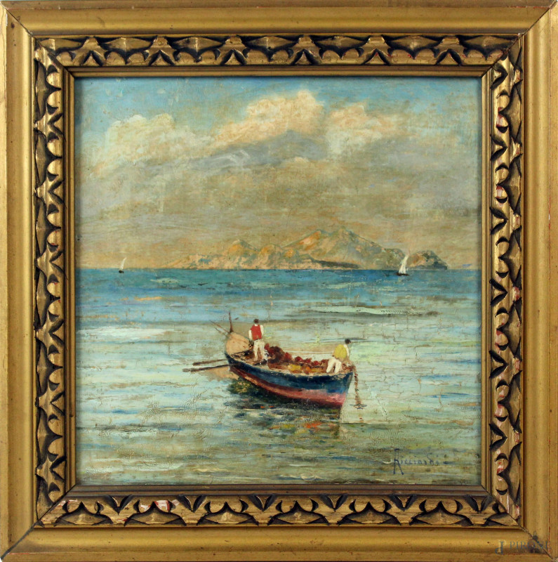 Mare con imbarcazioni e figure, olio su cartone, cm 26x26, firmato, entro cornice.  - Asta Asta a Tempo di Antiquariato e Arte Moderna - Aste Pirone