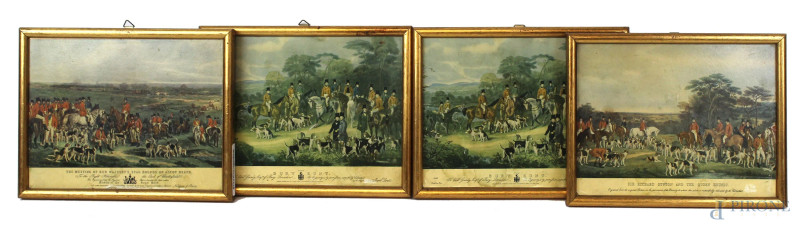 Lotto di quattro stampe inglesi a colori,  raffiguranti "Caccia al tesoro", "Il Sig. Richard Sutton e i segugi di Hounds" e "L'incontro dei segugi di Sua Maestà nella brughiera di Ascot", cm 16,5x21,5, XIX secolo, entro cornici, (difetti).  - Asta ASTA DI ARTE MODERNA E ANTIQUARIATO - Aste Pirone