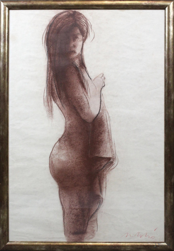 Nudo femminile, matita rossa e carboncino su carta, cm. 74x48,5, firmato, entro cornice.  - Asta PRIMA TORNATA D' ASTA A TEMPO DI FINE STAGIONE - Aste Pirone